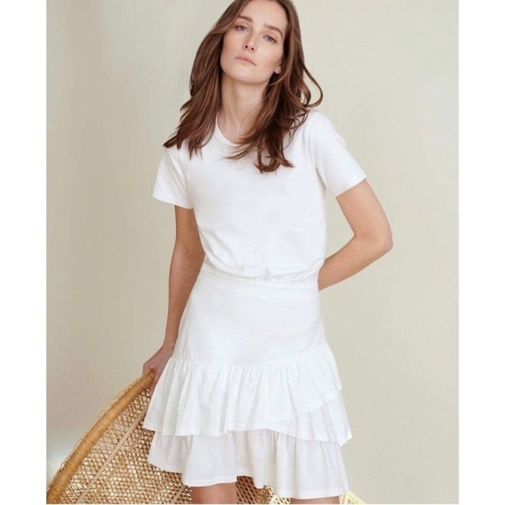 Veronica Beard White Mixed Media T-Shirt Ruffle Dress Small Asymmetrical Casual